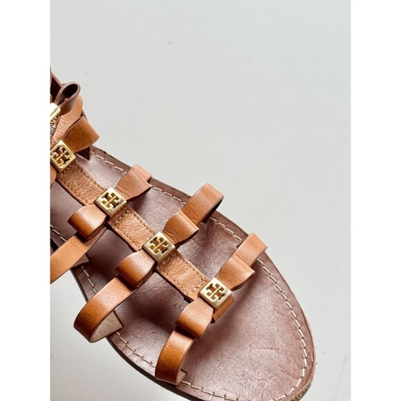 TORY BURCH Kira Brown Leather Bow Logo Medallion Gladiator Sandals, Size 8.5 - Picture 5 of 11